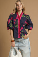 Umgee Floral Print Ruffle Top in Navy Mix