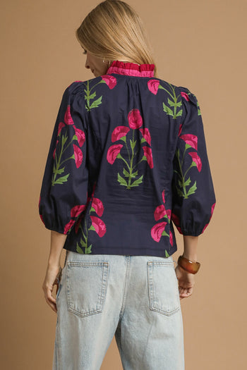 Umgee Floral Print Ruffle Top in Navy Mix