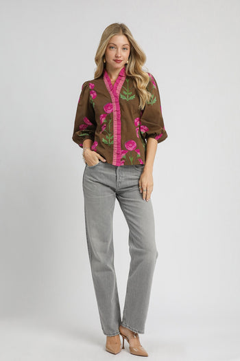 Umgee Floral Print Ruffle Top in Brown Mix