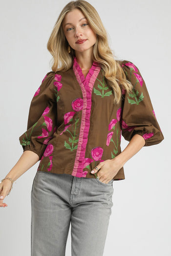 Umgee Floral Print Ruffle Top in Brown Mix