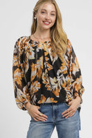 Umgee Mix Abstract Print Balloon Sleeve Blouse in Black Mix
