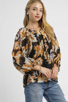 Umgee Mix Abstract Print Balloon Sleeve Blouse in Black Mix