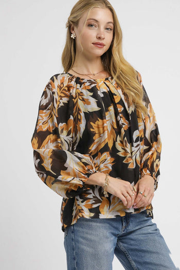 Umgee Mix Abstract Print Balloon Sleeve Blouse in Black Mix
