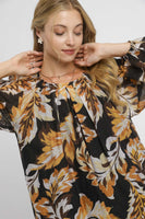 Umgee Mix Abstract Print Balloon Sleeve Blouse in Black Mix