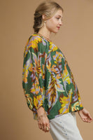 Umgee Mix Abstract Print Balloon Sleeve Blouse in Green Mix