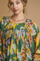 Umgee Mix Abstract Print Balloon Sleeve Blouse in Green Mix
