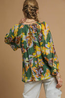 Umgee Mix Abstract Print Balloon Sleeve Blouse in Green Mix
