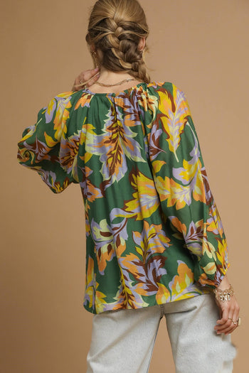 Umgee Mix Abstract Print Balloon Sleeve Blouse in Green Mix