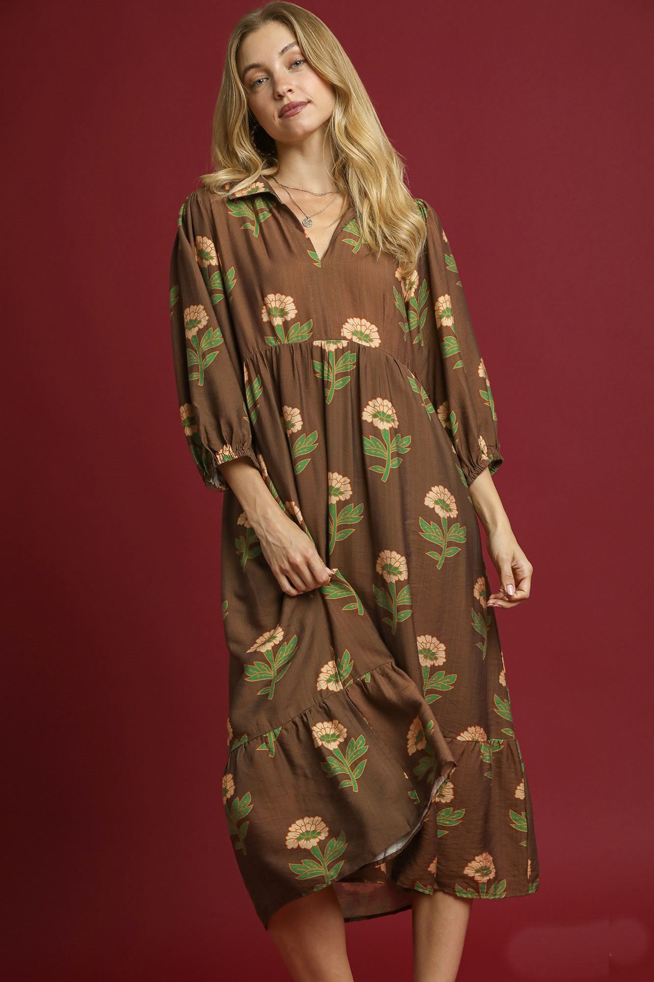 Umgee Floral Print Tiered Maxi Dress in Brown Mix S Umgee Floral Print Tiered Maxi Dress in Brown Mix S