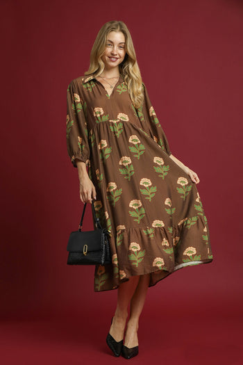 Umgee Floral Print Tiered Maxi Dress in Brown Mix S Umgee Floral Print Tiered Maxi Dress in Brown Mix S