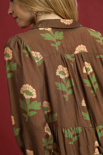 Umgee Floral Print Tiered Maxi Dress in Brown Mix