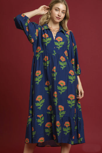 Umgee Floral Print Tiered Maxi Dress in Navy Mix