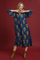 Umgee Floral Print Tiered Maxi Dress in Navy Mix