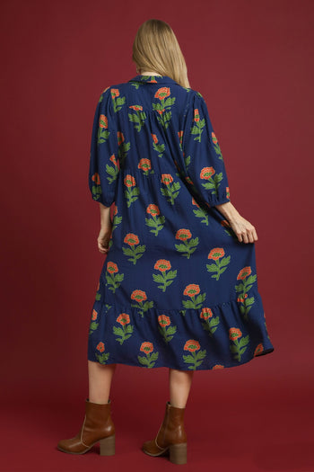 Umgee Floral Print Tiered Maxi Dress in Navy Mix