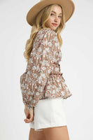 Umgee Floral Print and Leopard Print Accent Peplum Top in Light Brown