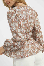 Load image into Gallery viewer, Umgee Floral Print and Leopard Print Accent Peplum Top in Light Brown
