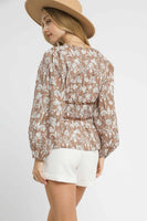 Umgee Floral Print and Leopard Print Accent Peplum Top in Light Brown
