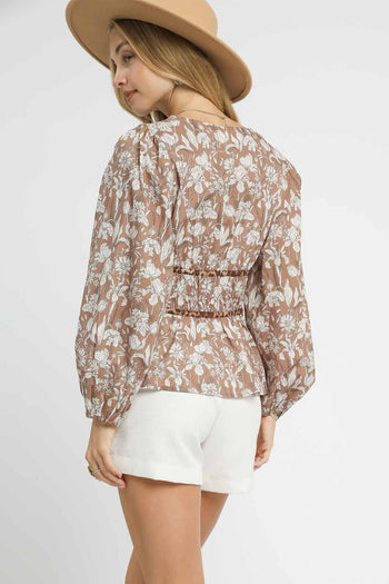 Umgee Floral Print and Leopard Print Accent Peplum Top in Light Brown