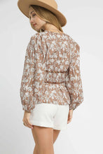 Load image into Gallery viewer, Umgee Floral Print and Leopard Print Accent Peplum Top in Light Brown
