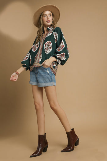 Umgee Boho Floral Print Top in Forest Green