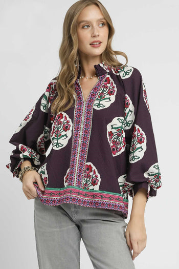 Umgee Boho Floral Print Top in Plum