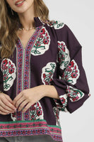 Umgee Boho Floral Print Top in Plum