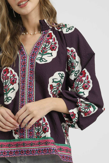 Umgee Boho Floral Print Top in Plum