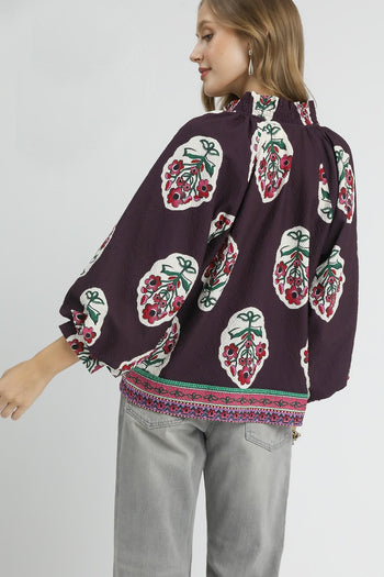 Umgee Boho Floral Print Top in Plum