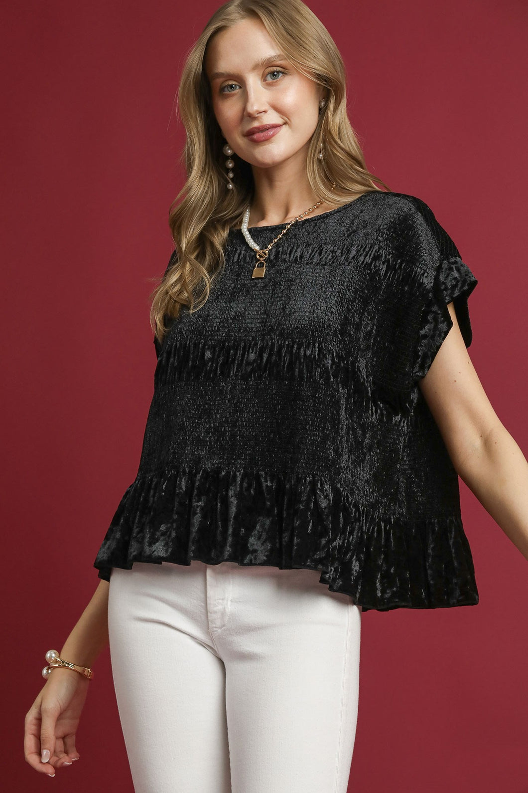 Umgee Velvet Smocked Top in Black