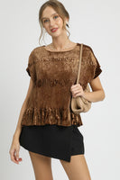 Umgee Velvet Smocked Top in Brown