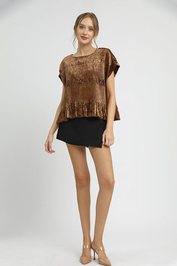 Umgee Velvet Smocked Top in Brown