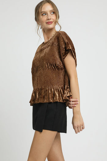 Umgee Velvet Smocked Top in Brown