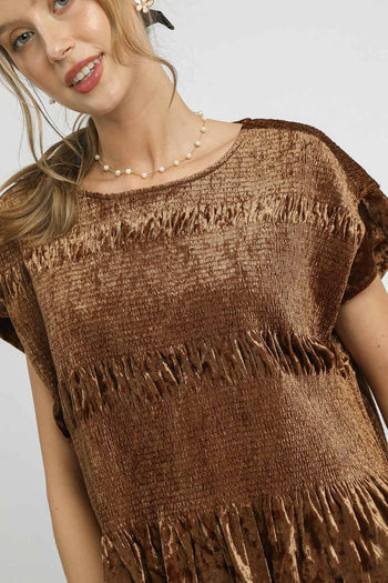 Umgee Velvet Smocked Top in Brown