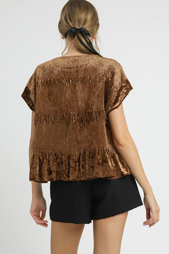 Umgee Velvet Smocked Top in Brown