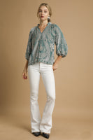 Umgee Velvet Damask Print Top in Sage