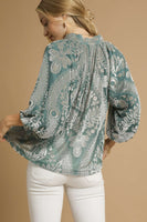 Umgee Velvet Damask Print Top in Sage