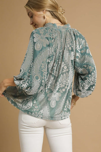 Umgee Velvet Damask Print Top in Sage