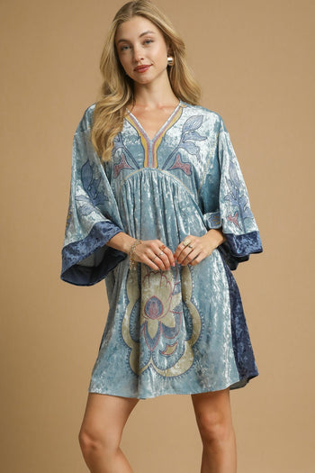 Umgee Velvet Mini Dress with Floral Embroidery in Denim