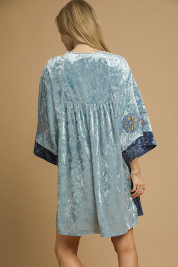 Umgee Velvet Mini Dress with Floral Embroidery in Denim M Umgee Velvet Mini Dress with Floral Embroidery in Denim M