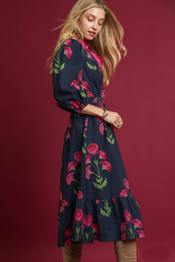 Umgee Floral Print Midi Dress in Navy Mix