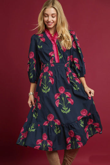 Umgee Floral Print Midi Dress in Navy Mix