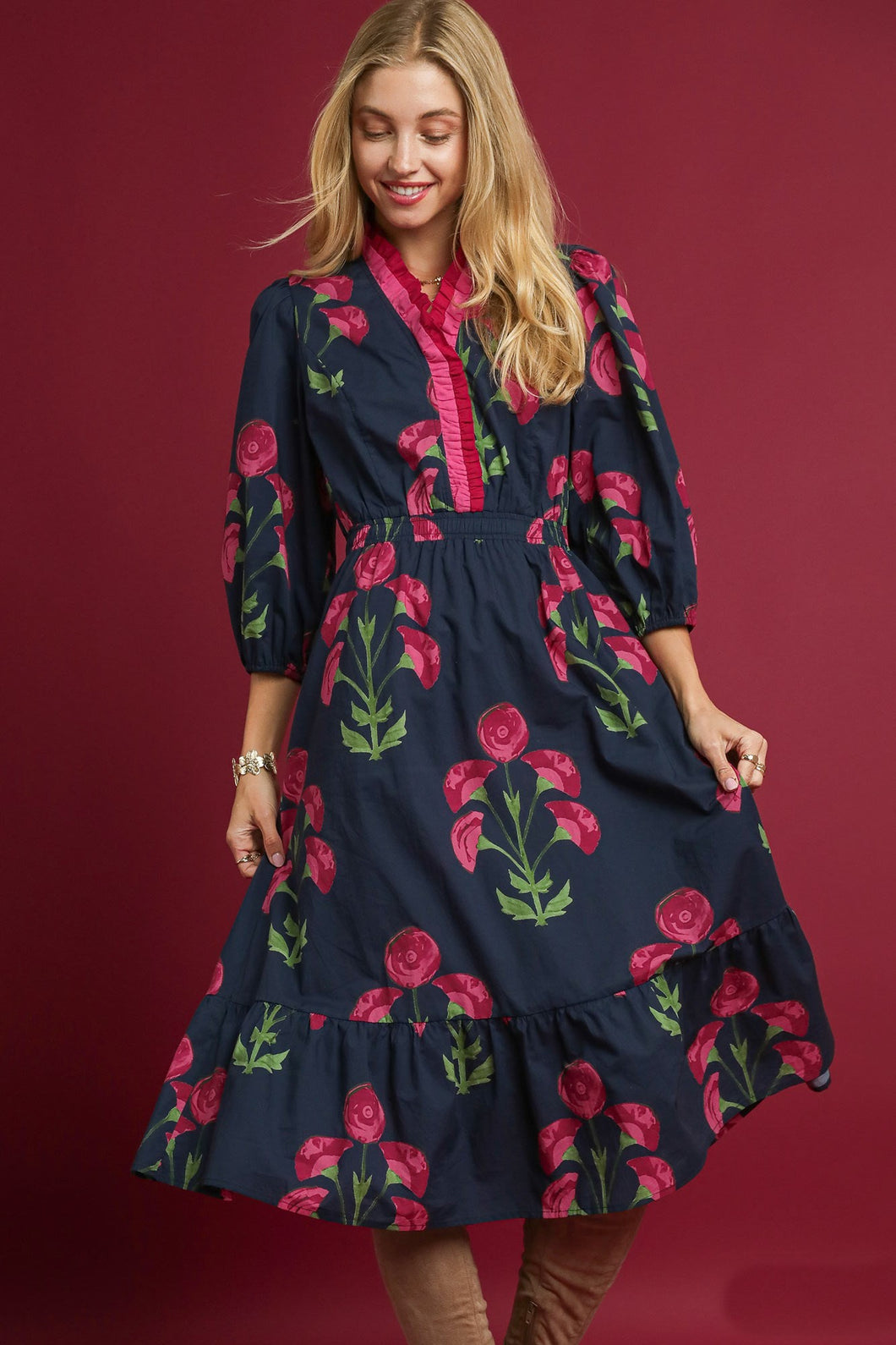 Umgee Floral Print Midi Dress in Navy Mix