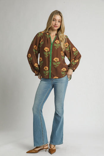 Umgee Floral Print Top in Brown Mix