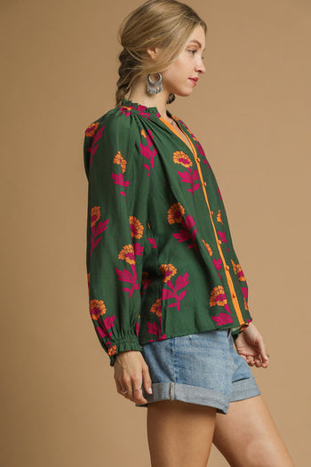 Umgee Floral Print Top in Green Mix