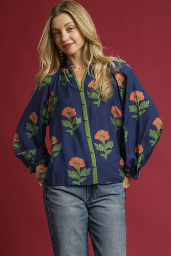 Umgee Floral Print Top in Navy Mix