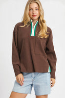 Umgee Half Zip Ribbed Knit Pullover Top in Chocolate