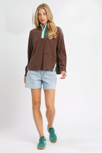 Umgee Half Zip Ribbed Knit Pullover Top in Chocolate