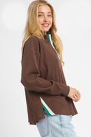 Umgee Half Zip Ribbed Knit Pullover Top in Chocolate