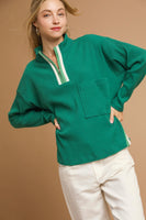 Umgee Half Zip Ribbed Knit Pullover Top in Palm Green