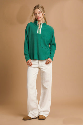 Umgee Half Zip Ribbed Knit Pullover Top in Palm Green